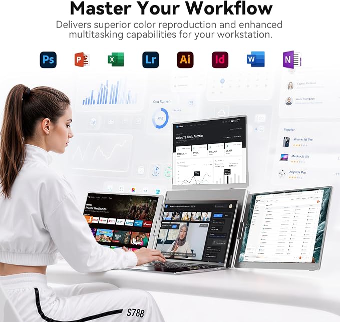Ladomi 16" Laptop Screen Extender, Just 1 Cable for 3 Screens Quad Monitor, 1200P FHD Screen Extender for 12"-18.5" Laptops, Triple Portable Monitor for Wins/Mac M1|M2|M3|M4|M5