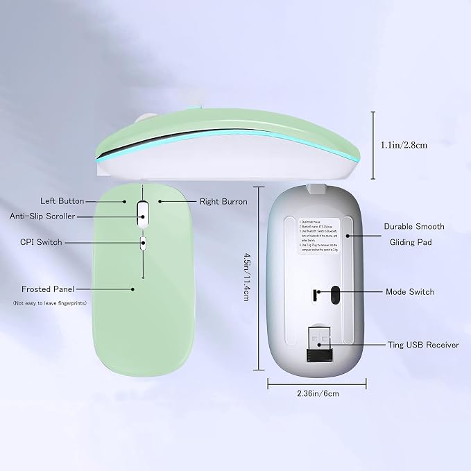 WREANU Wireless Bluetooth Mouse Rechargeable Laptop Mice with LED Lights Silent Slim Use(BT5.2 and 2.4G Portable USB Receiver)Dual Mode Computer Mouse for Laptop/iPad/Tablet/Apple/Computer/Mac(Green)