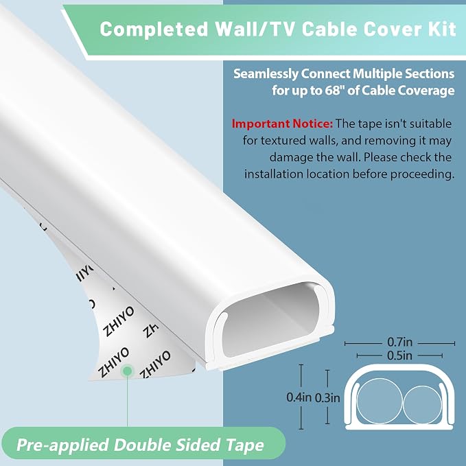 ZhiYo Wire Covers for 2 Cords, Wire Hider on Wall Mounted, White Cord Cover Kit, Cable Cover Cable Concealer for Extension Cord, Ethernet Cable, Speaker Wire, 0.7in(W) x 0.4in(H)