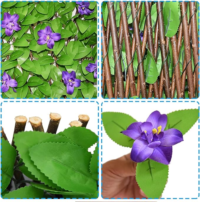 GLANT Expandable Fence Privacy Screen for Balcony Patio Outdoor,Decorative Faux Ivy Fencing Panel,Artificial Hedges (Single Sided Leaves) (1, Purple Flowers)