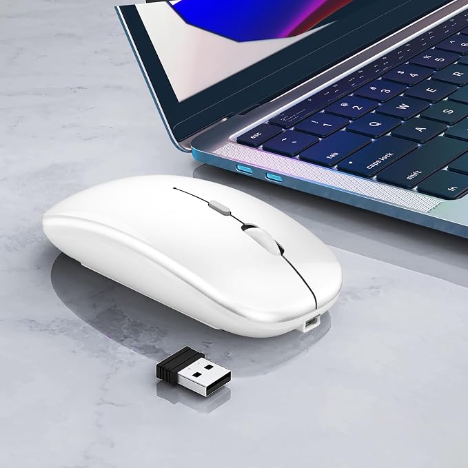 WREANU Wireless Bluetooth Mouse Rechargeable Laptop Mice Silent Slim Use(BT5.2 and 2.4G Portable USB Receiver) Dual Mode Computer Mouse for Laptop/iPad/Tablet/Apple/Computer/Mac(Bright White)