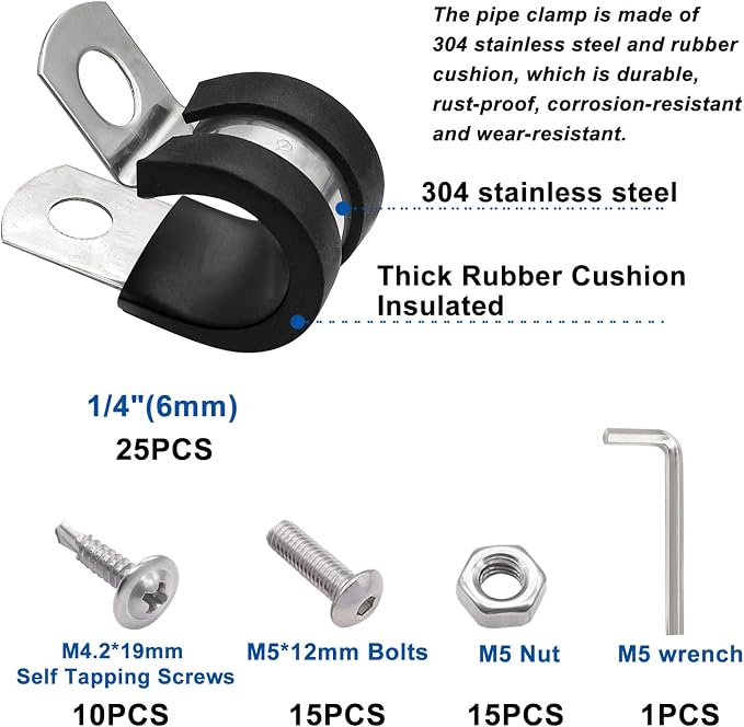 Taiss 50PCS 1/4 Inch Cable Clamps 304 Stainless Steel Rubber Cushion Insulated Pipe Clamps,Loop Clamps,Wire Clamps,Metal Clamp With two kinds of screws (6mm) F-098-6mm