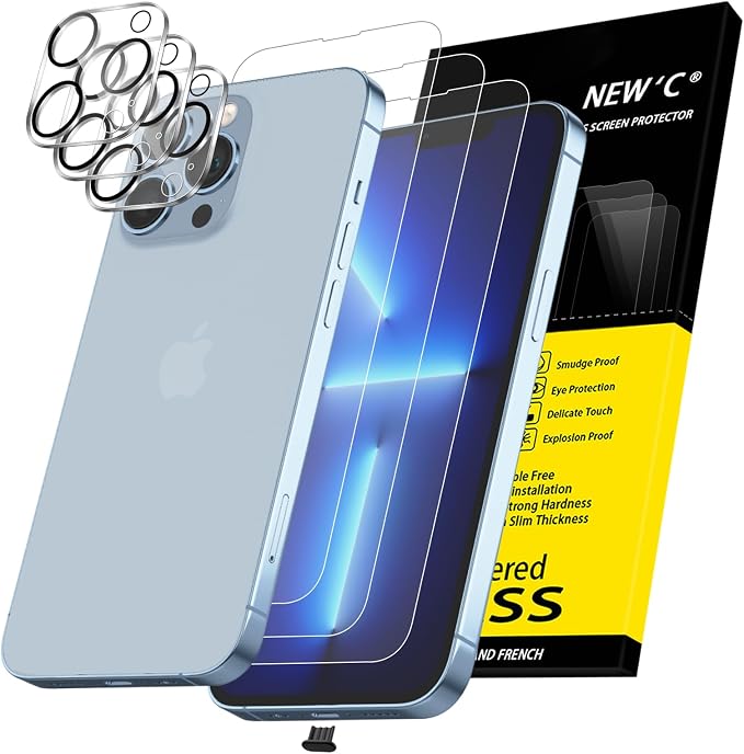NEW'C 3x for iPhone 13 Pro Screen Protector (6.1 inches)+ 3x Camera Lens Protector, Sensor Protection + Dust Plug - Case Friendly Tempered Glass Film, Ultra Resistant