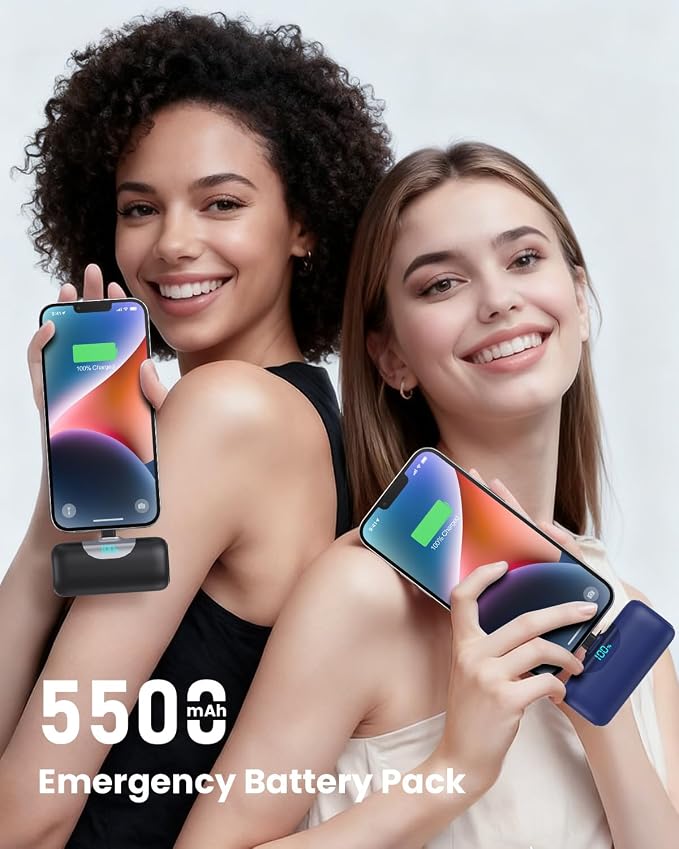 [2-Pack] 5500mAh Portable Charger for iPhone 17/16, LCD Display USB C Mini Power Bank,PD Fast Charging Travel Lipstick Sized Battery Pack for iPhone 17/16/15 Pro Max, Galaxy S25/S24, Pixel(Black+Navy)