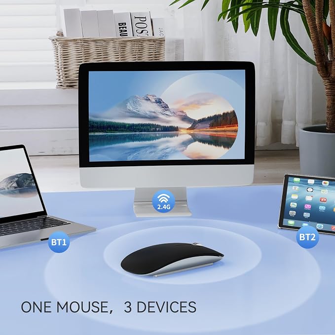 TENMOS M18 Bluetooth Mouse, USB C Rechargeable Wireless Mouse, Triple Mode (Dual Bluetooth+USB) Computer Silent Mice Portable with USB Receiver Type C Adapter for Laptop/MacBook/iPad/PC - Matte Black