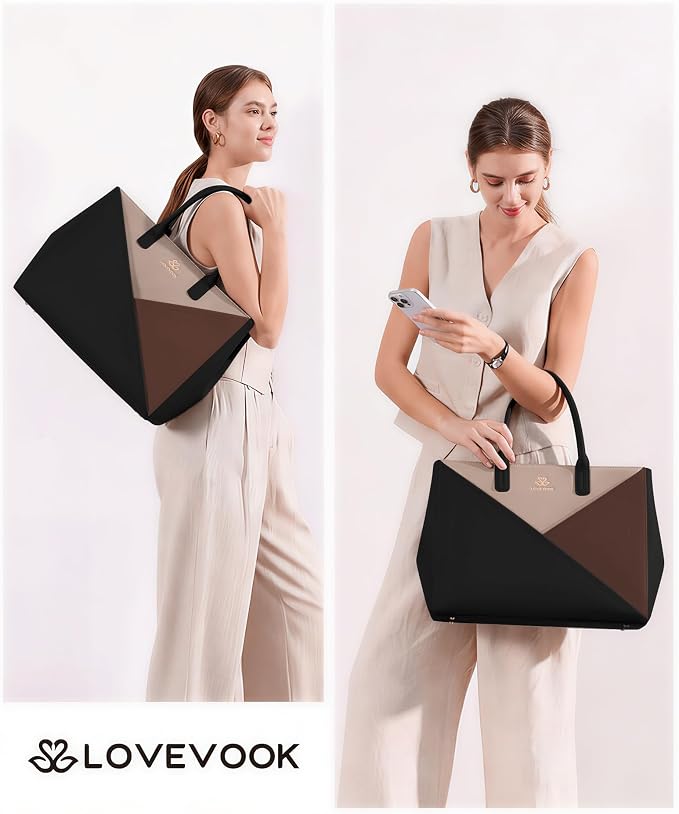 LOVEVOOK Laptop Tote Bag for Women with Large Cup Holder, 16 Inch PU Leather Work Bag Teacher Tote Bag, Waterproof Computer Bags Business Office Briefcase Handbag