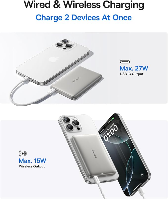 Baseus Picogo Magsafe Portable Charger, Qi2 15W 0.5" Ultra Slim 10000mAh Wireless Power Bank, 27W Fast Charging Magnetic Battery Pack with USB-C for iPhone 17 Pro Max/17 Pro/Air/16/15/14/13/12