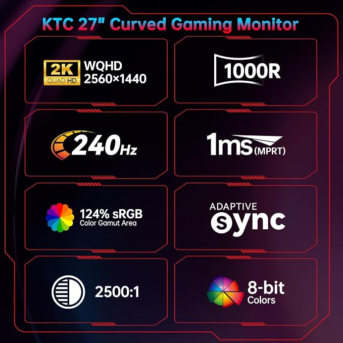 KTC 27 Inch 240Hz Curved Gaming Monitor, 2K QHD 2560x1440P Computer Monitor with 1000R, 2500:1 Contrast, Adaptive Sync, DP 1.4, HDMI 2.0, VESA, Tiltable, H27S25E