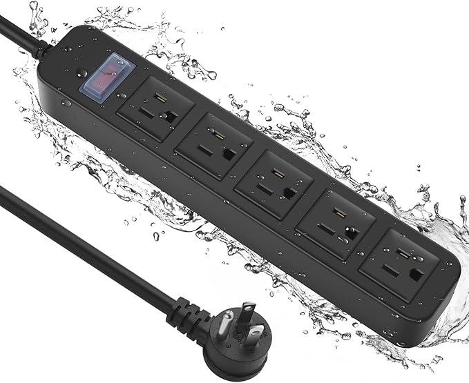 Outdoor Power Strip Waterproof with 5 Outlets, Garden Weatherproof Surge Protector, Christmas Multiple Outlet Exterior Socket for Lighting Appliances. 25FT Extension Cord Strip with Flat Plug. Black