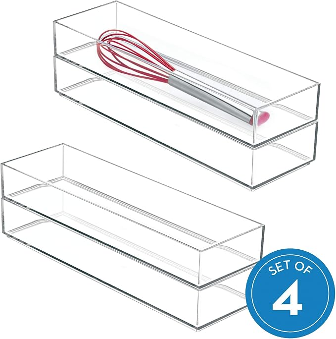 iDesign Clarity Drawer, Kitchen and Bathroom Organization Silverware, Spatulas, Gadgets, Large-Set of 4