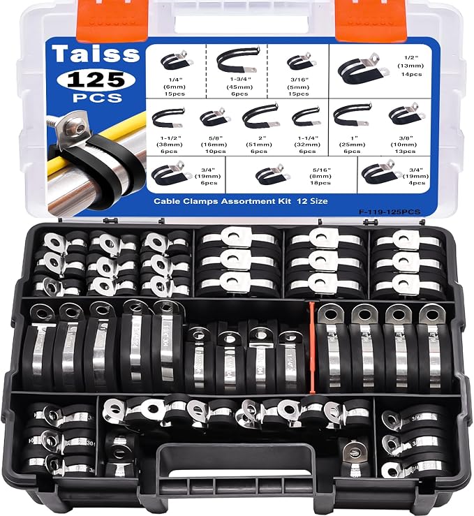 Taiss 125PCS Cable Clamps Assortment Kit 12 Sizes 3/16" 1/4" 5/16" 3/8" 1/2" 5/8" 3/4" 1" 1-1/4" 1-1/2" 1-3/4" 2" Wire Clamps,304 Stainless Steel Rubber Cushion Pipe Clamps,With Portable Handheld Box