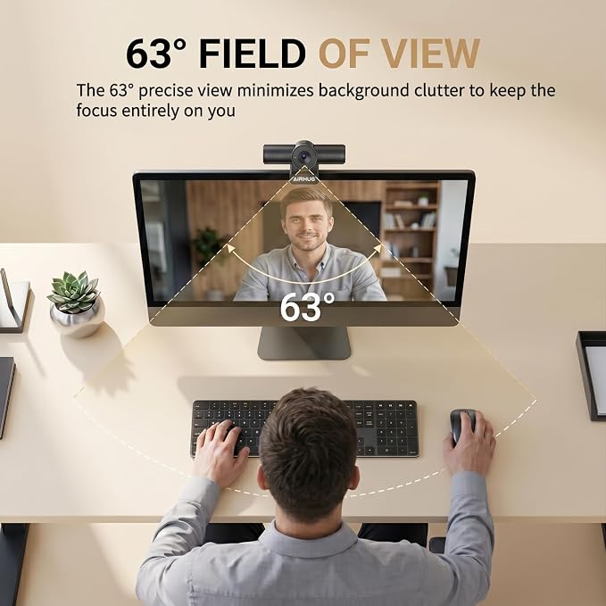AIRHUG 4K 30fps Webcam - Sony 16MP Sensor, PDAF Autofocus, Auto Light Correction, Dual Omnidirectional Mics, 63° Focused View for Streaming Camera, Built-in Privacy Cover, Plug & Play for Windows/Mac