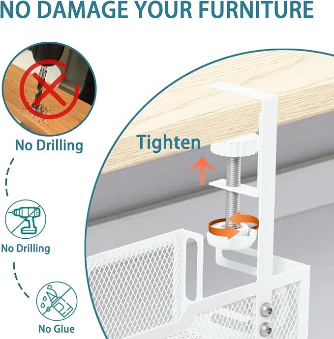 Under Desk Cable Management Tray, No Drill Mesh Desk Cable Tray, Wire Management Tray Cable Management Rack, Wire Organizer and Cable Management Box (White)
