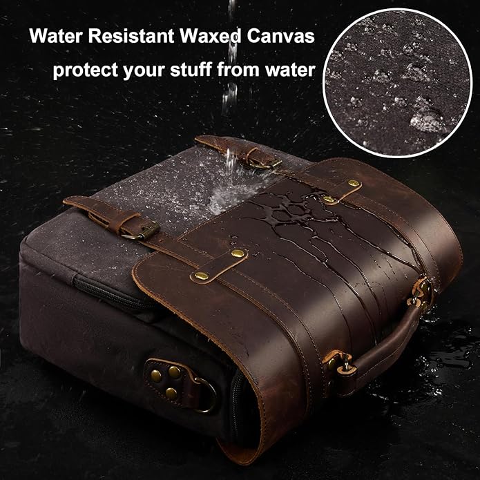 Mens Messenger Bag Waxed Canvas Laptop Briefcase 16“ Vintage Genuine Leather Crossbody Bags Waterproof Satchel Shoulder Bag