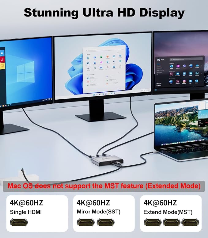 USB C to 3 HDMI Adapter with 100W PD Charging, Triple 4K60Hz Monitor Extender for Dell/Surface Pro/HP, HDMI Splitter Extended Display Hub, Plug & Play Laptop Multi-Screen Adapter