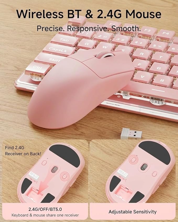 Wireless Keyboard and Mouse Combo with White Backlit Pudding Keycaps, Bluetooth & 2.4G, 2000mAh Rechargeable, Full Size, Metal Panel Quiet Computer Keyboard Set for Windows PC Desktop - Pink
