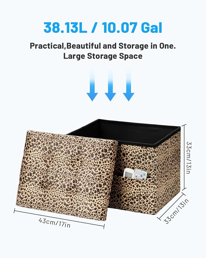 Bsketa Storage Ottoman Foot Rest Stool, Small Velvet Storage Ottomans Bench, Folding Footstool with Side Pockets, Foot Rest Under Desk for Living Room Bedroom, 17x13x13 in, Leopard Print 2 Pack