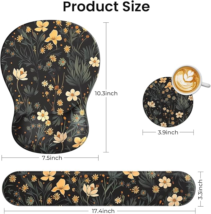 AKIT Ergonomic Mouse Pad and Keyboard Wrist Rest, 3-in-1 Memory Foam Wrist Rest for Computer Keyboard, Non-Slip Base, Pain Relief, Gel Mousepad Set for Gaming, Home and Office, Flower Black