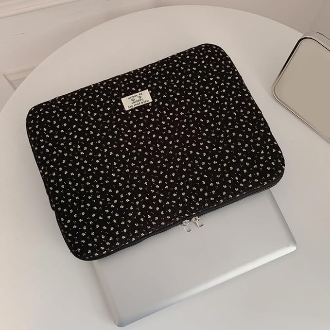 Puffy Laptop Sleeve 13-15.6 Inch Corduroy Quilted Laptop Protective Case Cute Floral Computer Sleeve Protective for MacBook (Black Ditsy Floral, 15.6 Inch)