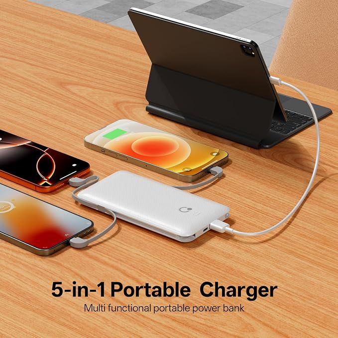 Portable Charger with Built-in Cables and AC Wall Plug, USB C External Battery Pack, 10000mAh Travel Essentials Power Bank Compatible with iPhone17/16/15/14/13, Samsung Galaxy, Pixel,Tablet and More