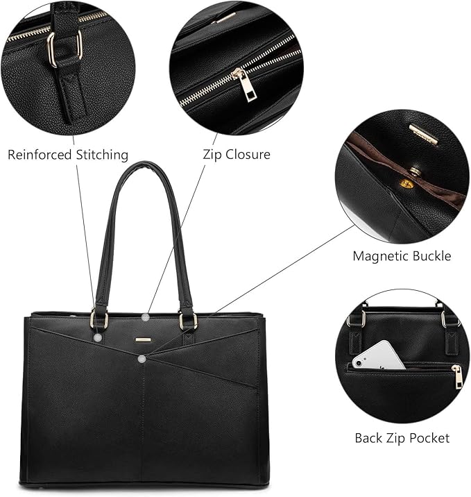 LOVEVOOK Laptop Bag for Women 17.3 Inch Tote Bags Waterproof Leather Briefcase Computer Women Business Office Work Bag,Black