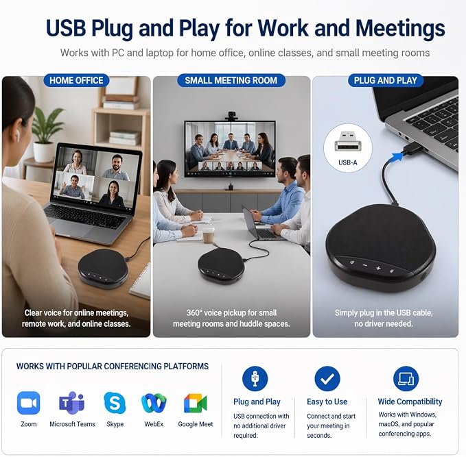 USB Speakerphone for PC, Conference Speaker and Microphone, Plug and Play, AI Noise Reduction and Echo Cancellation, Touch Controls, One-Tap Mute, LED Indicator, for Computer Desktop