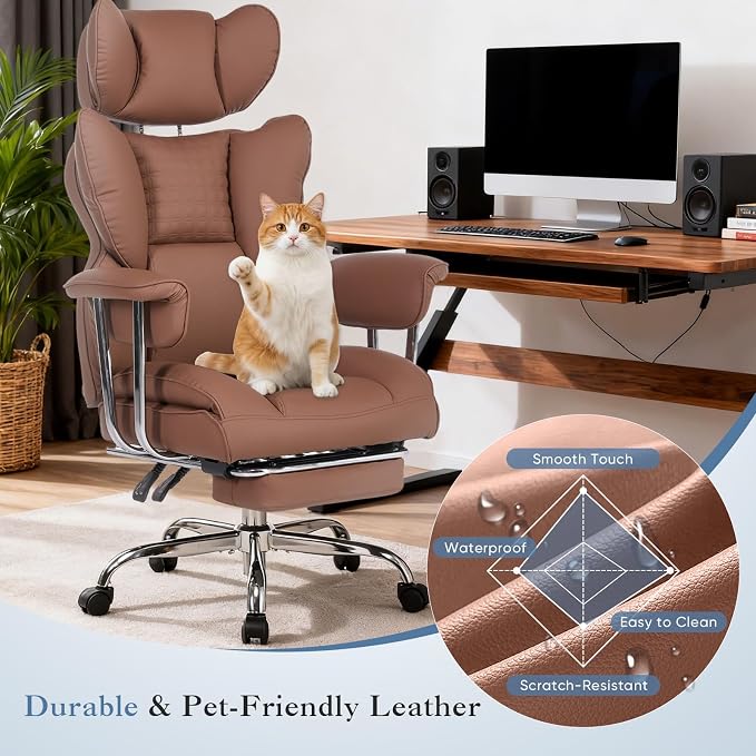 DUMOS Big and Tall Office Chair 350 LBS, Scratch-Resistant PU Leather Executive Office Desk Chair with Footrest, Ergonomic Reclining Computer Chair with Pocket Spring Support for Home Office, Brown