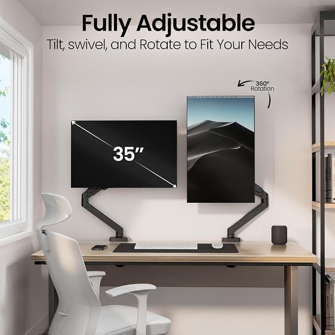 EVEO Premium Single Monitor Arm 14"–34", Adjustable Gas Spring Monitor Mount, Single Arm Desk Mount for 34 Inch Computer Screens, VESA Compatible Stand with Clamp and Grommet Base – Black