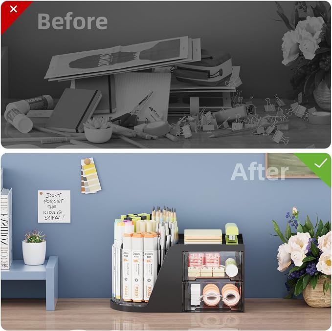 Marbrasse Desk Organizer with 2 Drawer, 360°Rotating Pen Holder, Desk Organizers and Accessories with 6 Slots Pencil Holder + 2 Drawer, Art Supply Storage Box Caddy for Office (Black)