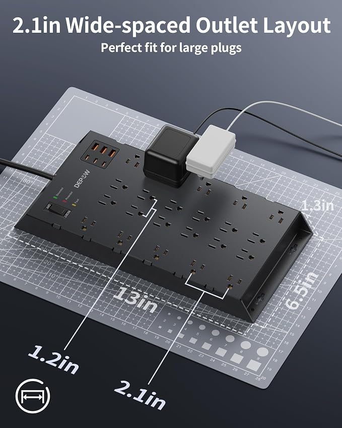 DEPOW Surge Protector Power Strip, 6.5FT Long Flat Plug Extension Cord with 22 AC Outlets (1875W/15A), 6USBs (3 USB-C Ports), 2100J Surge Protection, Wall Mountable for Gaming, Office, Home, Black