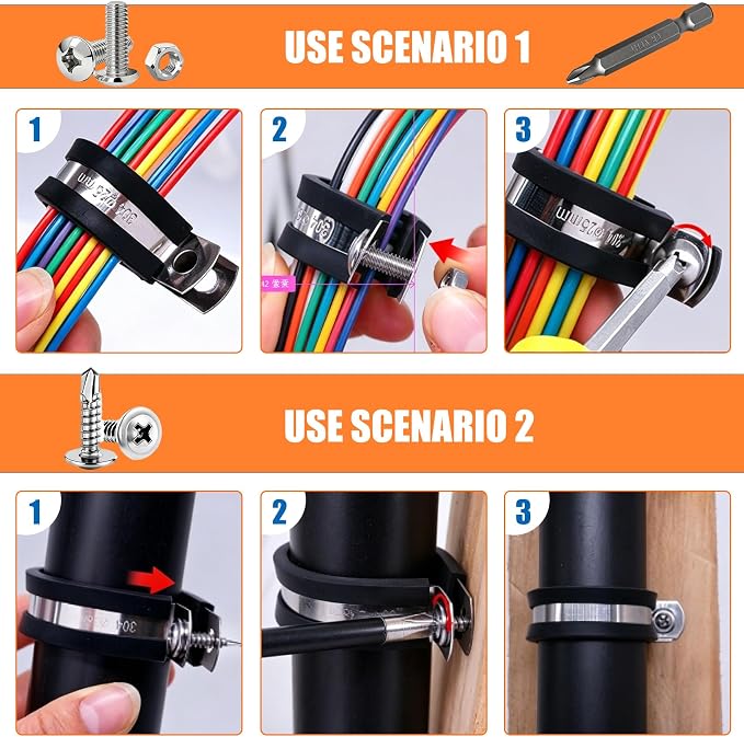 Taiss 575PCS Cable Clamps Assortment Kit 304 Stainless Steel Rubber Cushion Pipe Clamps 12 Sizes P Clamp 3/16"1/4"5/16" 3/8"1/2"5/8"3/4"1"1-1/4"1-1/2"1-3/4"2" Wire Clamp With screws and washer & bit
