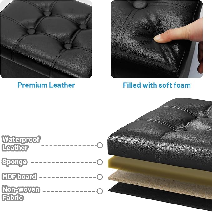 Bsketa Storage Ottoman Foot Rest Stool, Small Leather Storage Ottomans Bench, Folding Footstool with Side Pockets, Foot Rest Under Desk for Living Room Bedroom, 16x12x12 in, Black