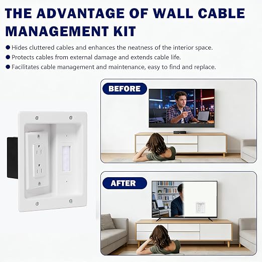 Wall Cable Concealer Management Kit, Recessed TV Outlet Box, in Wall TV Box Hidden Cable Connection Kit, Behind TV Outlet Box Recessed Wall Mount TV Box to Hide Power Cables and Low Voltage Wires