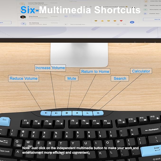 Wireless Keyboard and Mouse Combo, Ergonomic Keyboard with 6 Multimedia Keys, 2.4G Full Size Keyboard with Wrist Rest, 3-Level DPI Wireless Silent Mouse with 6-Buttons, for Windows (Blue Black)