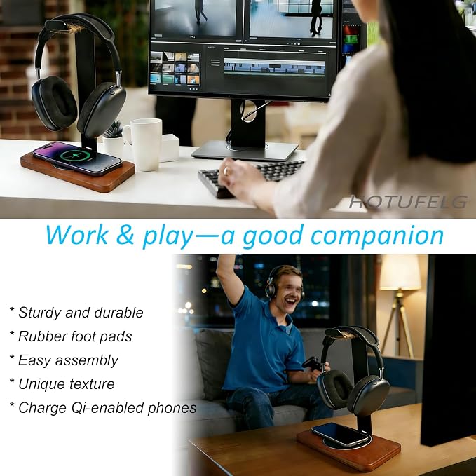 Handmade Solid Wood 2-in-1 Headset Stand with Wireless Charger 15W Max, Wireless Charging Dock Compatible with iPhone 17/16/15/14 /Samsung Series,Universal Holder for All Desk Headphones