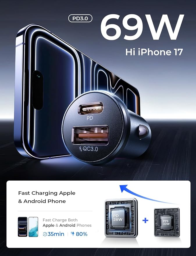 LISEN Car Charger USB C, 69W Cigarette Lighter USB Charger Adapter, Car Accessories Gifts for Men, Mini USBC Cars Fast Charging Adapter USBC Type C 12V Plug Outlet, for iPhone 17 Pro Max 16 15 14 13