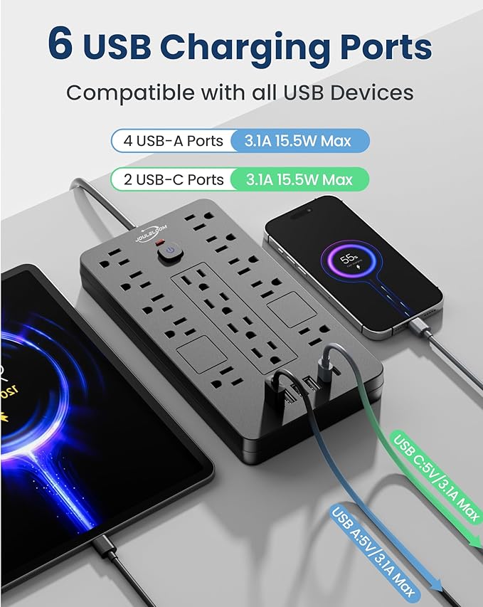 JouleLoom Surge Protector Power Strip-14 Outlets and 6 USB Ports, 15 Feet Flat Plug Extension Cord, 1850 Joules, Black, ETL Listed for Home, Office, Dorm Room