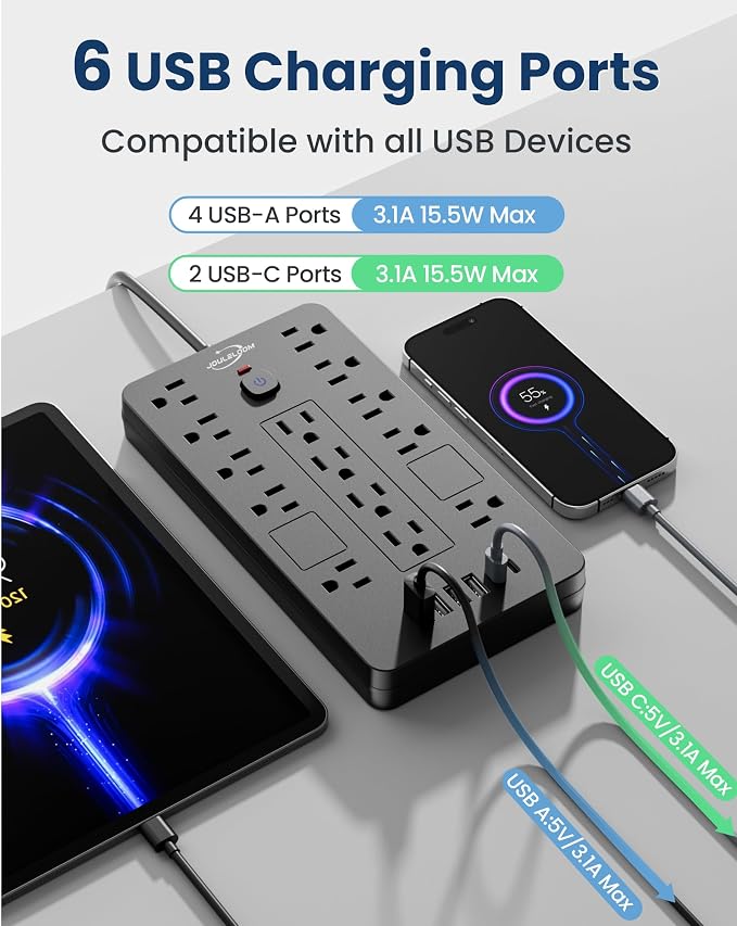 JouleLoom 2 Pack Surge Protector Power Strip-14 Outlets and 6 USB Ports, 6 Feet Flat Plug Extension Cord, 1850 Joules, Black, ETL Listed for Home, Office, Dorm Room