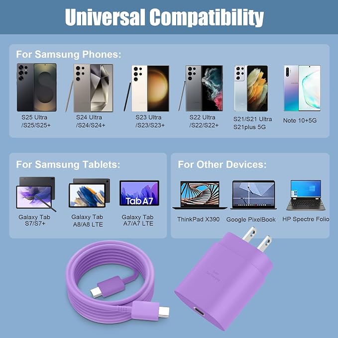 Super Fast Charger Type C,25W USB C Wall Charger Fast Charging Block & 8Ft Cable Cord for Samsung Galaxy S26 S25 S24 Ultra/S24/S24+/S23 Ultra/S23/S23+/S22/S22 Ultra/S22+/S21 Ultra/S20 Ultra/Note 20/10