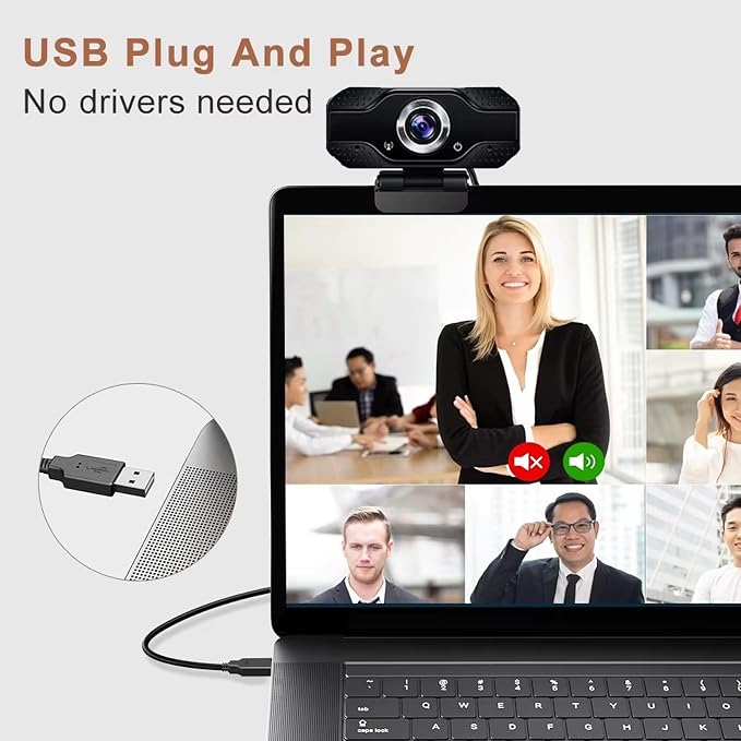 1080P HD Webcam with Microphone, Noise Cancellation, Privacy Cover, Wide-Angle Lens, Auto Light Correction, Plug & Play USB Webcam for Laptop, Desktop, PC, Zoom, Skype, Stream