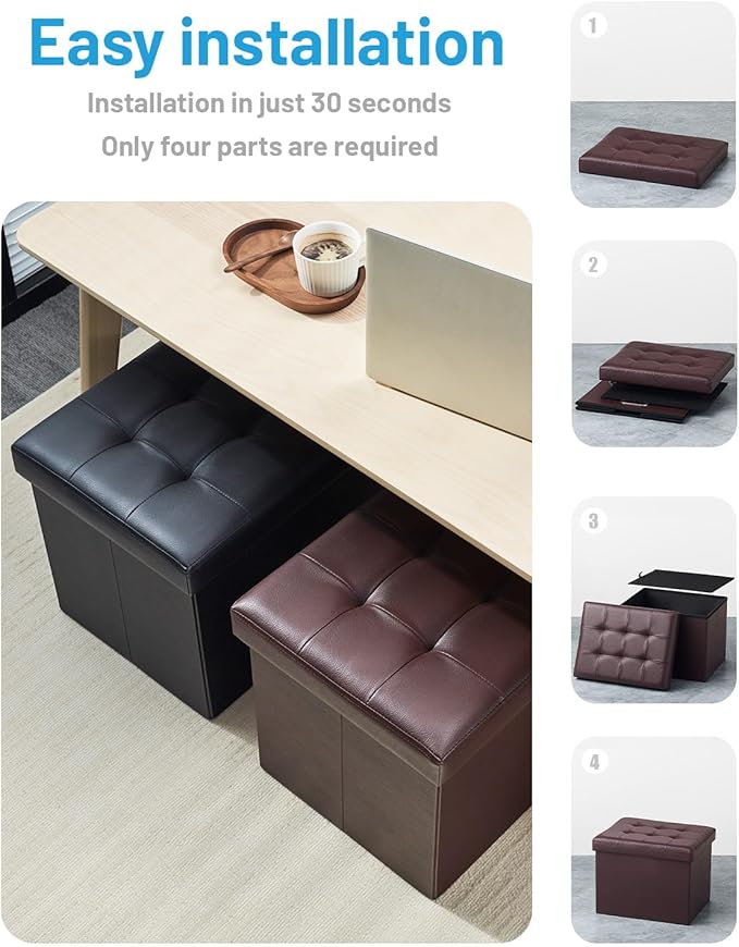 Bsketa Storage Ottoman Foot Rest Stool, Small Leather Storage Ottomans Bench, Folding Foot Stool with Handles Lid, Foot Rest Under Desk for Living Room Bedroom, 17x13x13 in, Brown