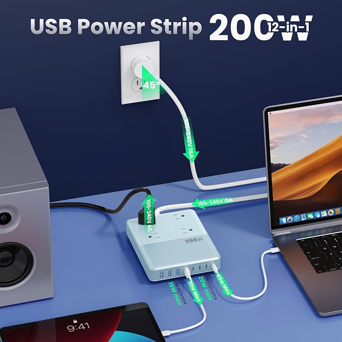 200W Charging Station,12-in-1 USB C Power Strip with Flat Plug and 5ft Extension Cord,4 AC Outlets,4 USB-A,4 USB-C Ports for iPhone 17/16/15,65W PD Fast Laptop Charger for MacBook,Home,Dorm(Sky Blue)