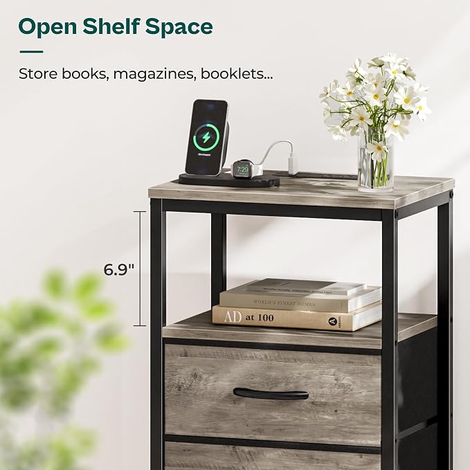 Huuger Nightstand with Charging Station, Fabric Drawers, End Table with Open Shelf, Bedside Table with USB Ports and Outlets, Night Stand for Bedroom, Oak