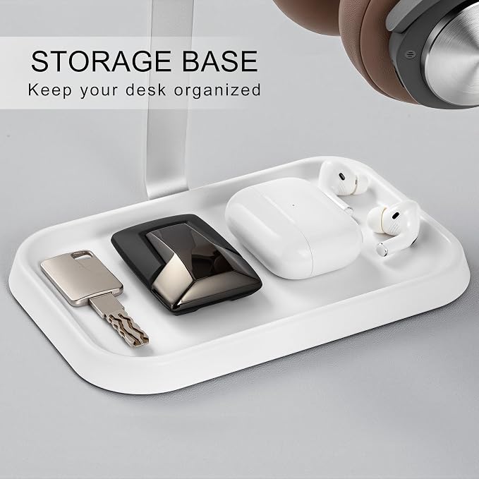 Dual Headphone Stand, Double Balanced Headset Stand with Storage Tray, Heavy Base Gaming Headset Holder for Desk (White)