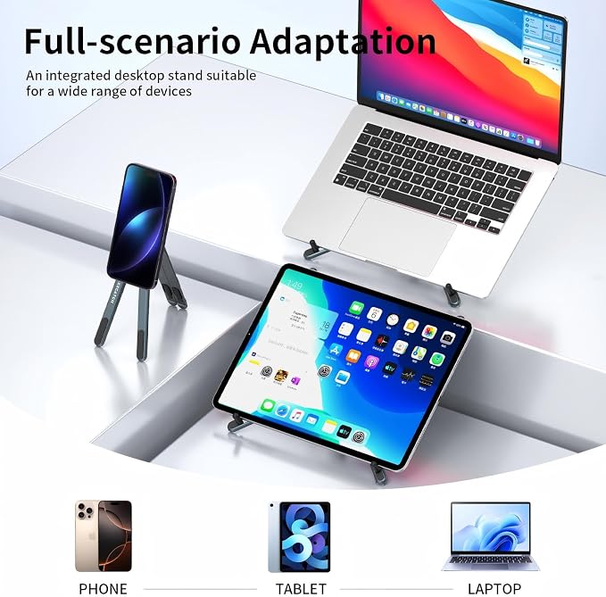 Portable Laptop Stand for Desk, MagSafe Compatible Adjustable Foldable Computer Riser for MacBook, iPhone, iPad, Tablet - Lightweight Aluminum, N52 Magnetic Grip, Perfect for Office, Home, Traveling