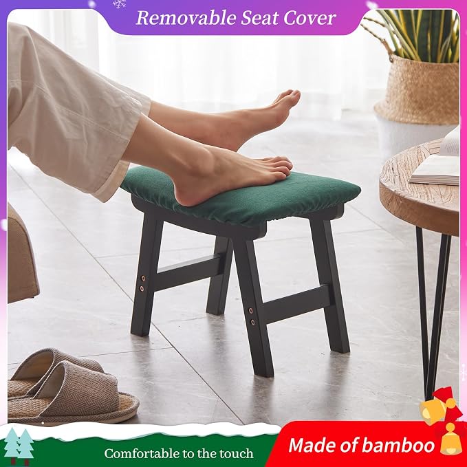 Kitsanery Foot Stool,Ottoman,Bamboo Small Sofa Foot Rest Under Desk,Extra Seating for Living Room, Bedroom and Kitchen (Black Stool Legs - Green Surface)