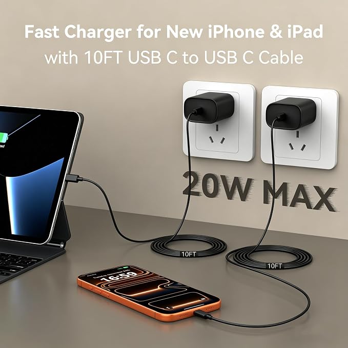 Phone 17 16 15 Charger Fast Charging, 10 FT Long USB C Charger Cord with 20W Type C Fast Phone Charging Block forPhone 17/17 Pro/17 Pro max/Air/Phone 16 15 Pro Max Plus, iPad, Android,Black