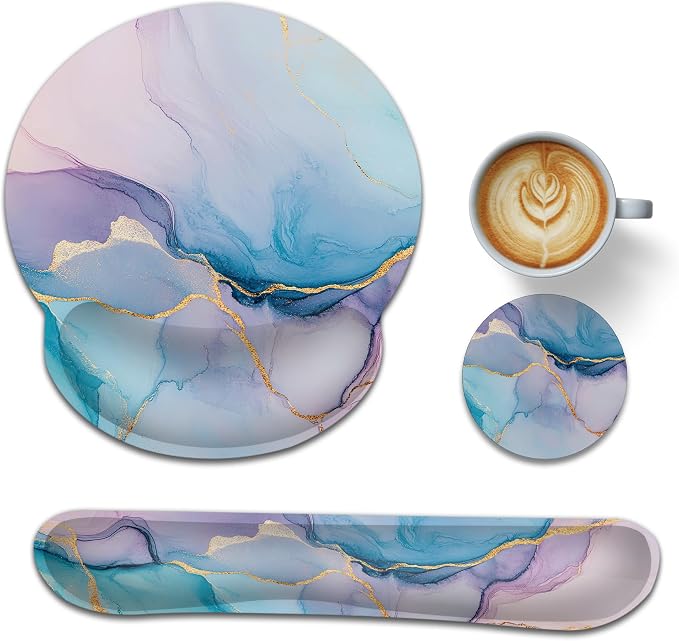 Pink Marble Wrist Rest Support for Mouse Pad Keyboard Set, Blue Gold Flowing Marble Mouse Pad with Non Slip Rubber Base for Home and Office Typing Support