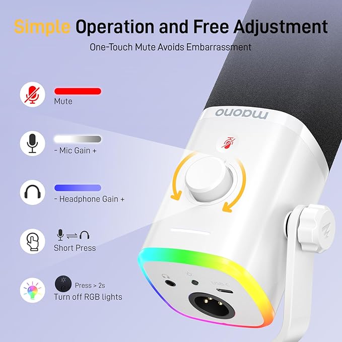 MAONO USB/XLR Podcasting Microphone for PC, Gaming Streaming Dynamic Mic with Mute Button, RGB, Desktop Stand,Computer Mic for Video Studio Recording-PD100X,White