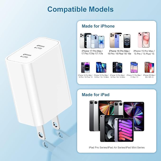 USB C Fast Charger Block,USB C Charging Block 2-Pack Type C 2in1 Dual Ports Plug Wall Charger, Fast Type C Charger for iPhone 17 Pro Max/17 Pro/17 Air/16 Pro Max/15/14/13/12/11/Xs Max/XR/X,iPad